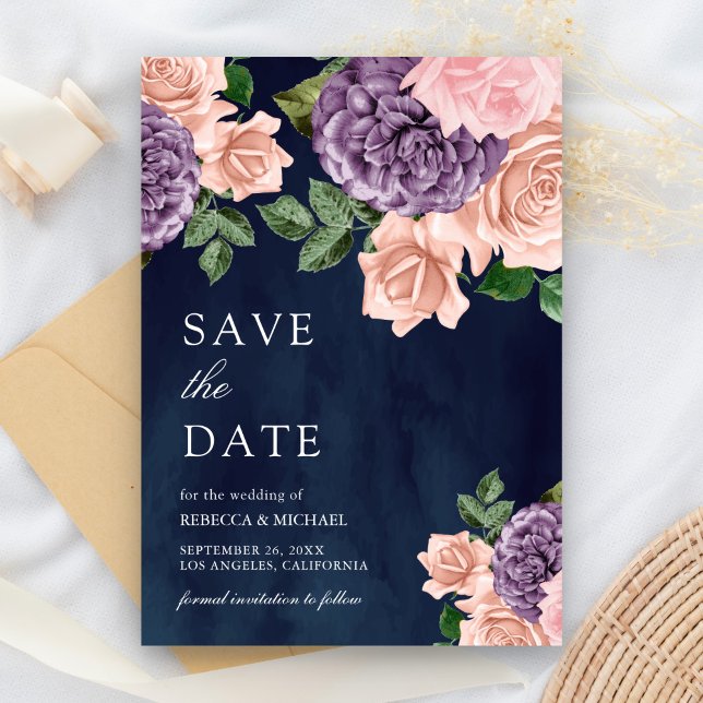 Dusty Peach Purple Floral Navy Blue Wedding Save The Date (Creator Uploaded)