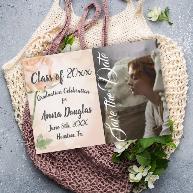 Dusty Peach Rose, Save-the-Date Card (botanical peach photo graduation party invitation light pink dusty peach roses floral grad save date)