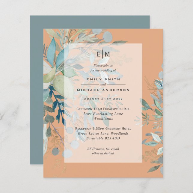Dusty Peach Sage Wedding Ceremony Reception Invite (Front/Back)