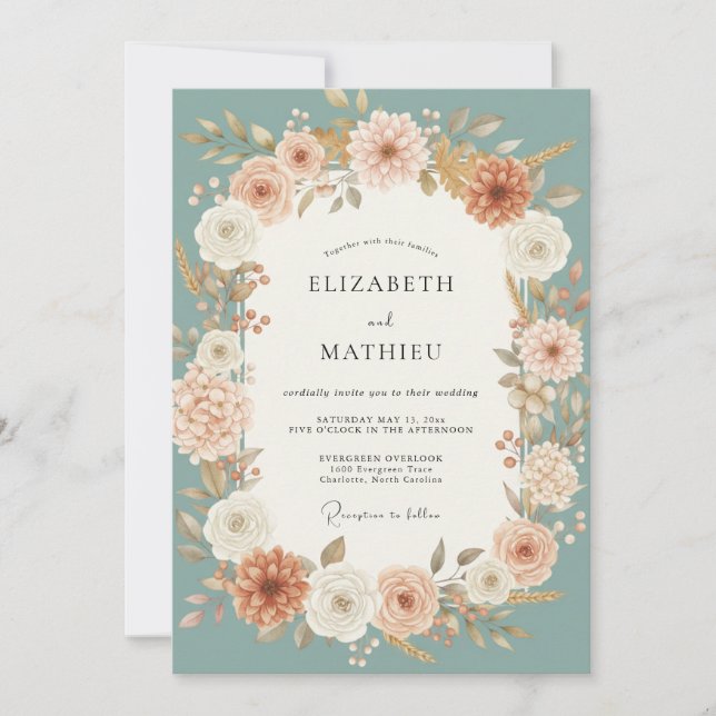 Dusty Peach Seafoam Peony Wedding Invitation (Front)