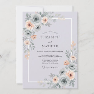 Dusty Periwinkle Apricot Rose Wedding Invitation