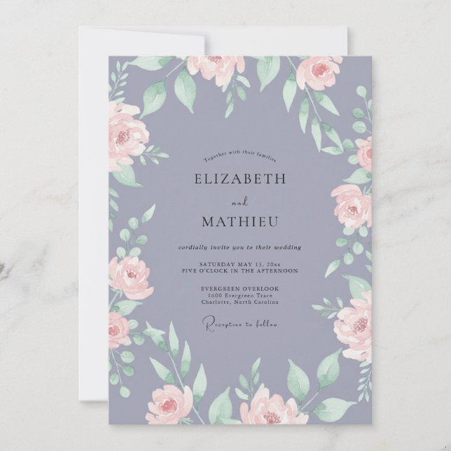 Dusty Periwinkle Ranunculus Eucalyptus Wedding Invitation (Front)