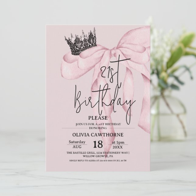 Dusty Pink 21st Birthday ⎮Pink Royal Bow Party Invitation (Standing Front)