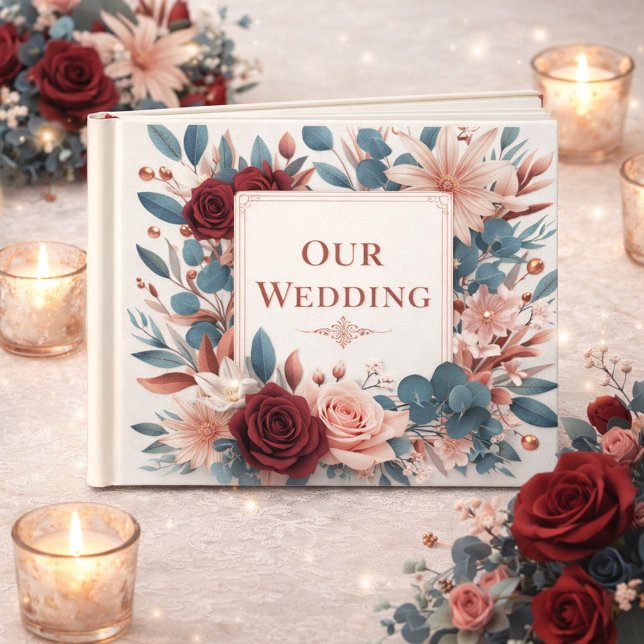 Dusty Pink and Blue Flowers with Burgundy Roses Guest Book (Creator Uploaded)
