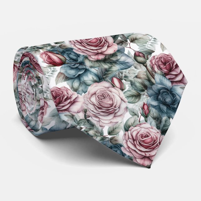 Dusty Pink and Blue Rose Pattern Tie (Rolled)