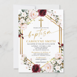 Dusty Pink and Burgundy Floral Baptism Invitation