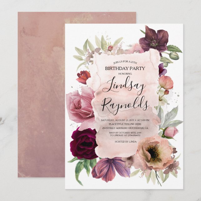 Dusty Pink and Burgundy Floral Birthday Party Invitation (Front/Back)