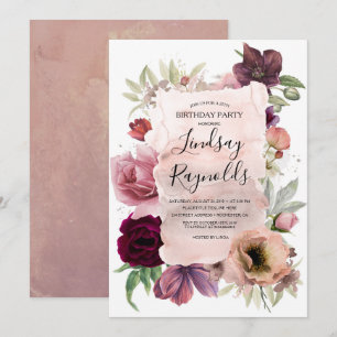 Dusty Pink and Burgundy Floral Birthday Party Invitation