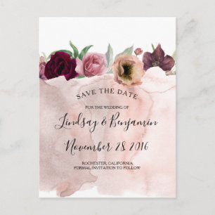 Dusty Pink and Burgundy Red Floral Save the Date Announcement Postcard
