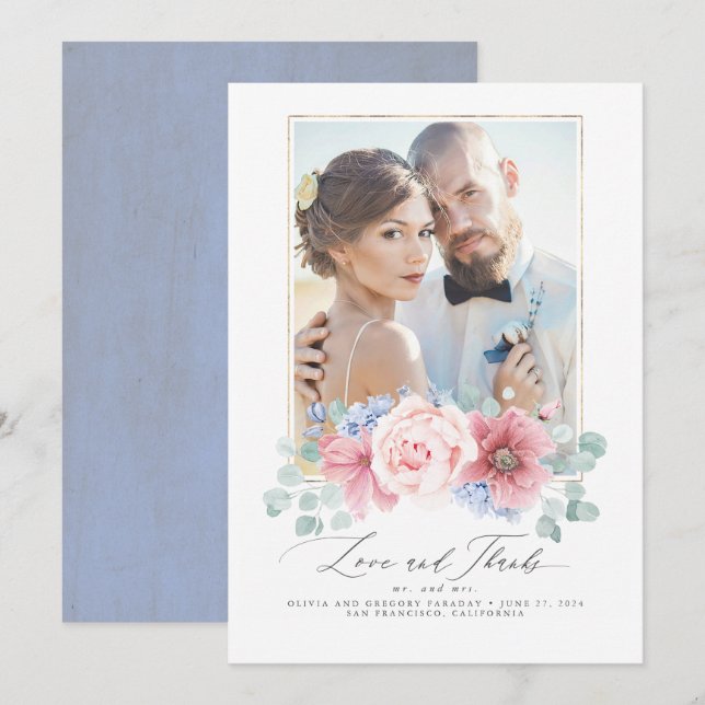 Dusty Pink and Dusty Blue Floral Wedding Thank You Invitation (Front/Back)