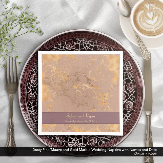 Dusty Pink and Gold Marble Wedding  Napkin (Dusty Pink/Mauve and Gold Marble Pattern Napkins with Bride and Groom's Names and Wedding Date)
