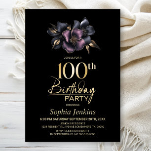 Dusty Pink and Grey Floral 100th Birthday Party Invitation
