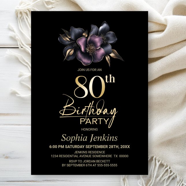 Dusty Pink and Grey Floral 80th Birthday Party Invitation (Creator Uploaded)