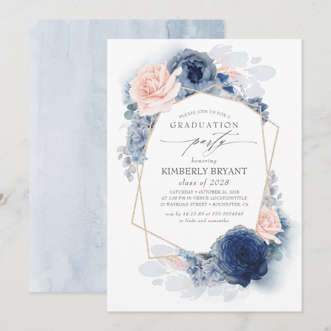 Dusty Pink and Navy Blue Floral Ombre Graduation Invitation (Front/Back)