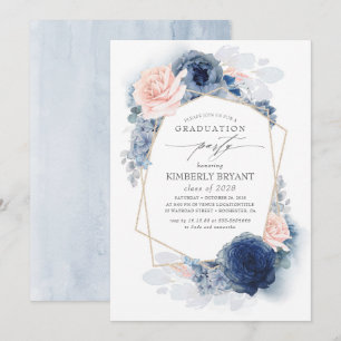 Dusty Pink and Navy Blue Floral Ombre Graduation Invitation