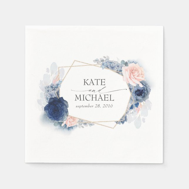 Dusty Pink and Navy Blue Floral Wedding Napkin (Front)