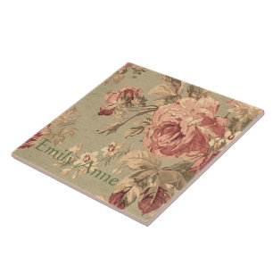 Dusty Pink and Sage Green Roses Personalised Tile