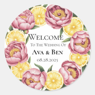 Dusty Pink and Yellow Lemon Slice Wedding Classic Round Sticker
