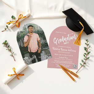 Dusty Pink Arch Photo Graduation Party QR Code Invitation