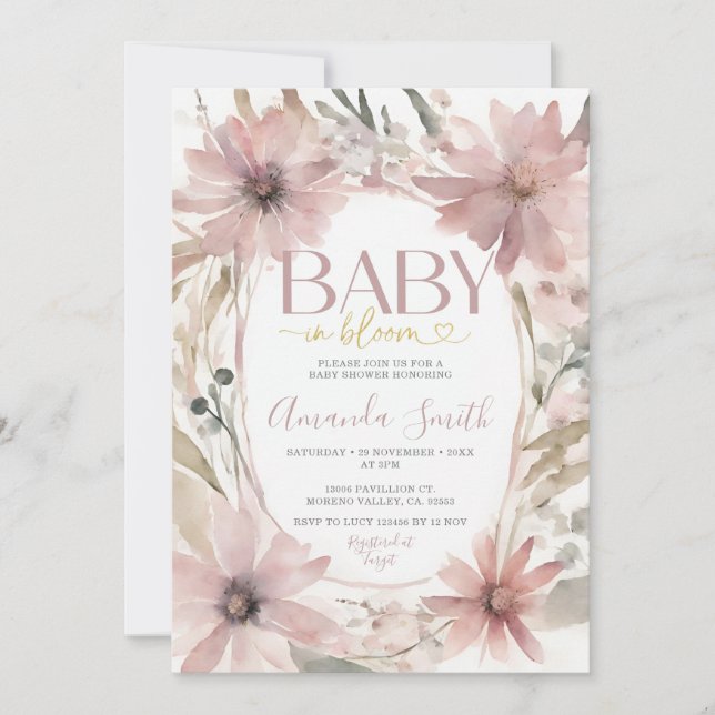 Dusty Pink Baby in Bloom Flowers Girl Baby Shower Invitation (Front)