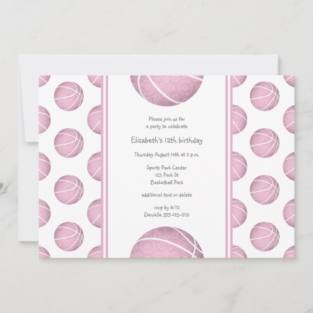 dusty pink basketballs pattern sports birthday invitation (Front)