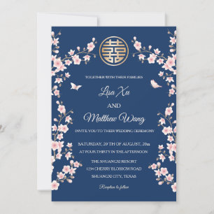 Dusty Pink Blue Cherry Blossom Chinese Wedding Invitation
