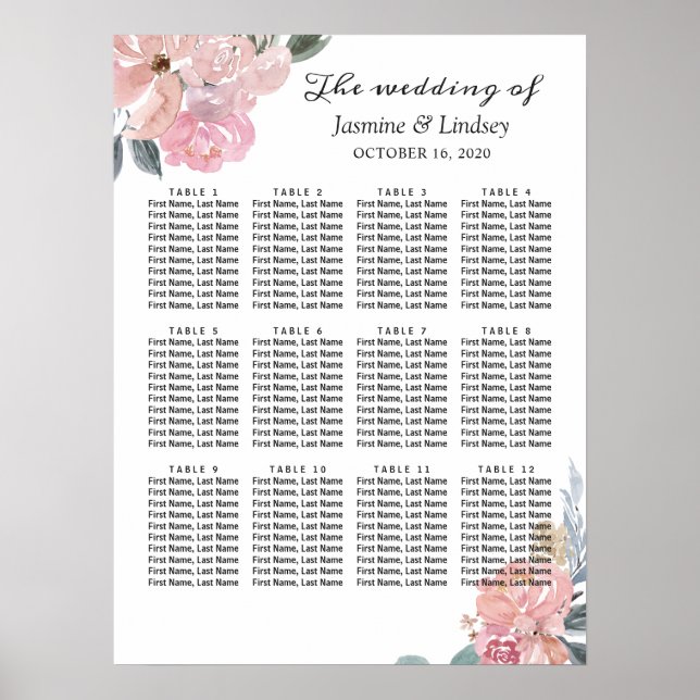 Dusty Pink Blue Floral Wedding Seating Chart (Front)