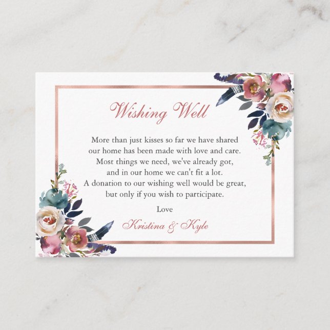 Dusty Pink Blue Floral Wedding Wishing Well Enclosure Card (Front)