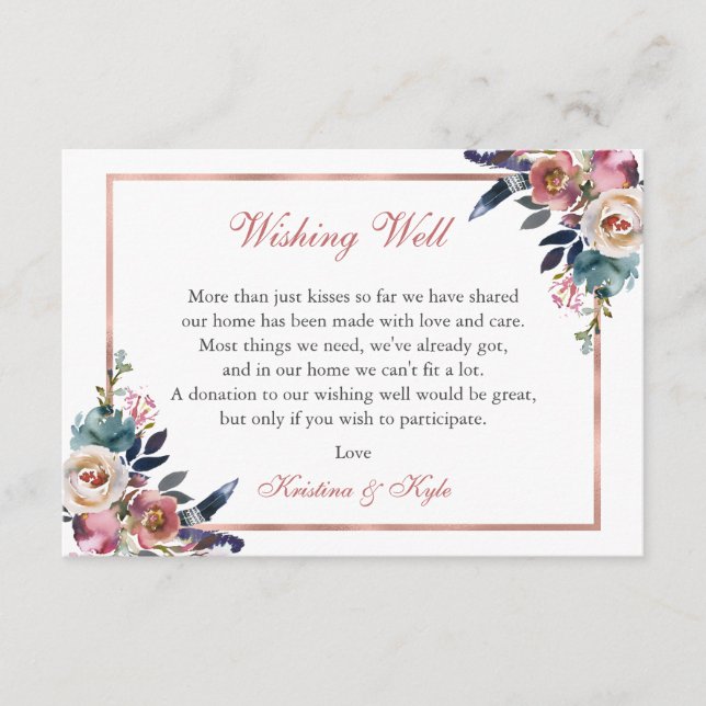 Dusty Pink Blue Floral Wishing Well Wedding Enclosure Card (Front)
