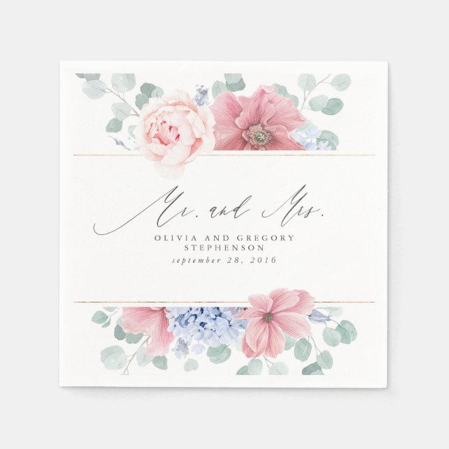 Dusty Pink Blue Flowers Elegant Botanical Mr & Mrs Napkin (Front)