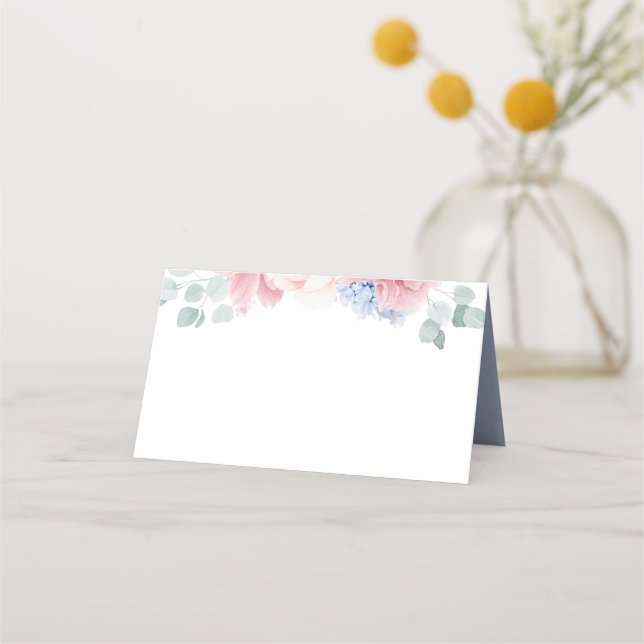 Dusty Pink Blue Flowers Elegant Romantic Wedding Place Card (Front)