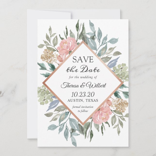 Dusty Pink Blue Foliage Floral Save the Date (Front)