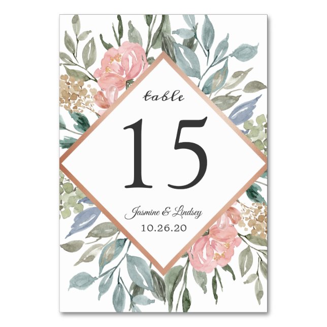 Dusty Pink Blue Green Foliage Rustic Wedding Table Number (Front)