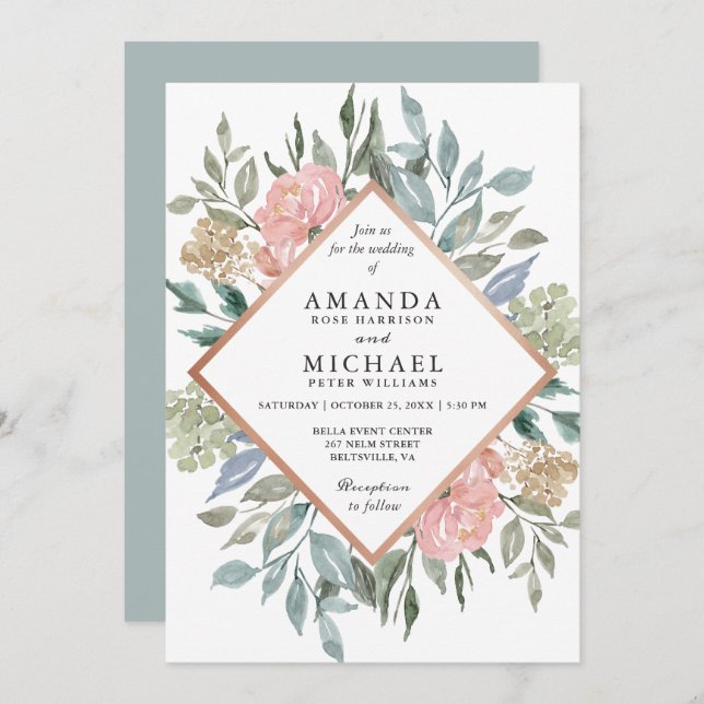 Dusty Pink Blue Green Rustic Wild Floral Wedding Invitation (Front/Back)