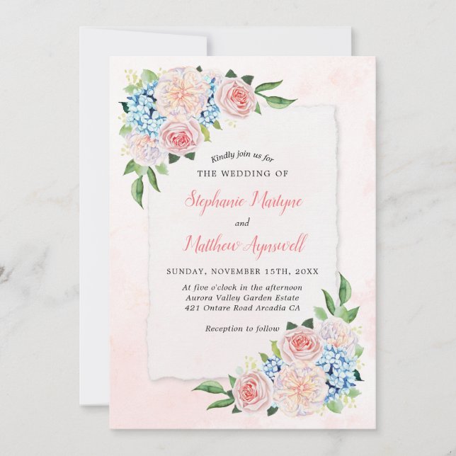 Dusty Pink Blue Hydrangea Floral Botanical Wedding Invitation (Front)