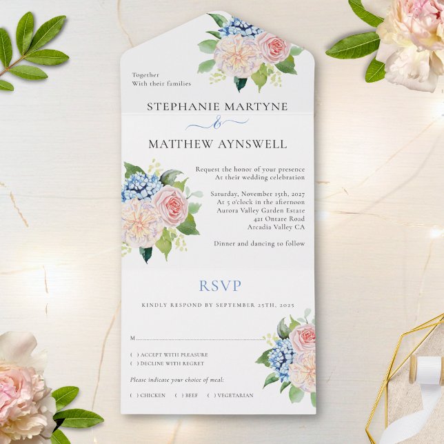 Dusty Pink Blue Hydrangea Floral Wedding All In One Invitation (Creator Uploaded)