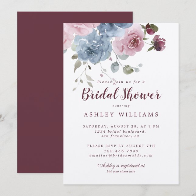 Dusty Pink Blue Rose Burgundy Bridal Shower Invitation (Front/Back)