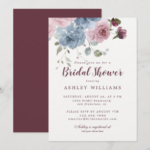 Dusty Pink Blue Rose Burgundy Bridal Shower Invitation