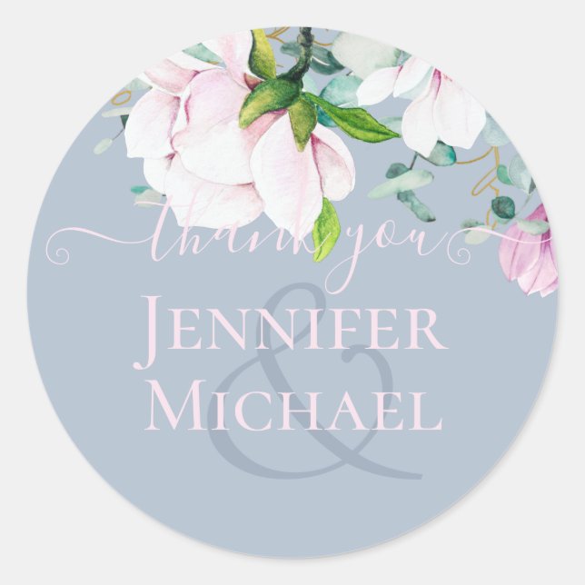 Dusty Pink Blue Sage Magnolias Eucalyptus ThankYou Classic Round Sticker (Front)