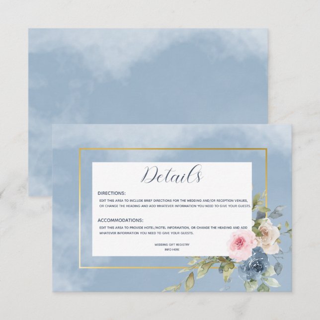 Dusty Pink Blue & White Roses Wedding Details Enclosure Card (Front/Back)