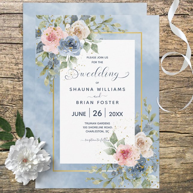 Dusty Pink Blue & White Roses Wedding Invitation (Creator Uploaded)