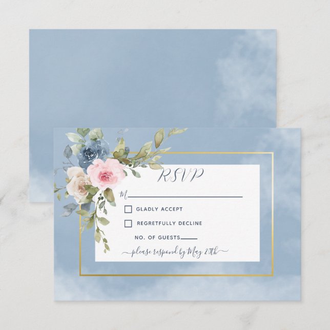Dusty Pink Blue & White Roses Wedding RSVP Card (Front/Back)