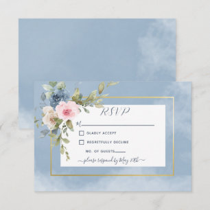 Dusty Pink Blue & White Roses Wedding RSVP Card