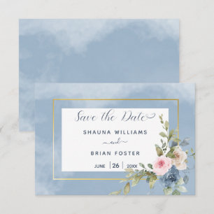 Dusty Pink Blue & White Roses Wedding Save The Date