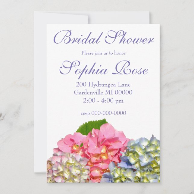 Dusty pink blue yellow green floral hydrangeas  invitation (Front)