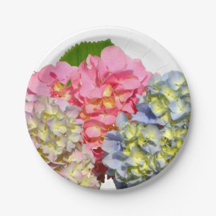 Dusty pink blue yellow green floral hydrangeas  paper plate