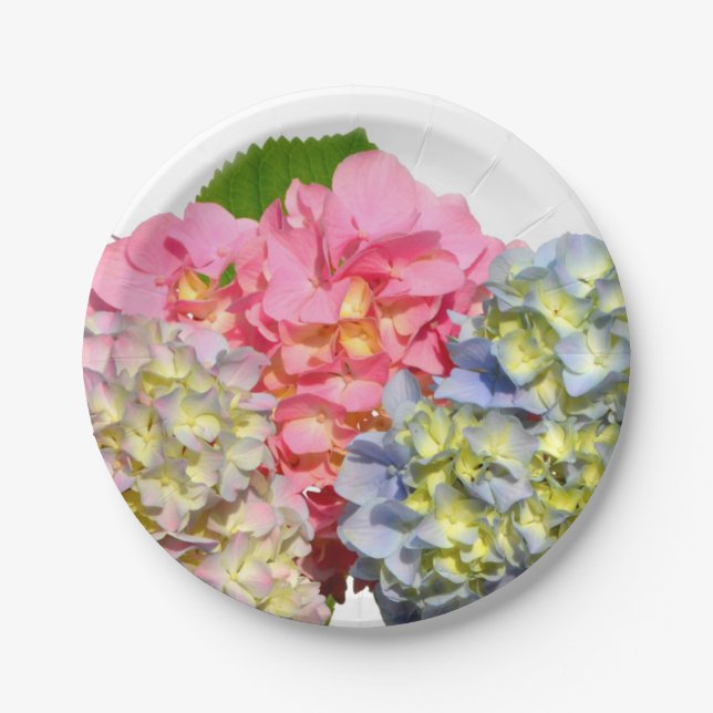 Dusty pink blue yellow green floral hydrangeas  paper plate (Front)