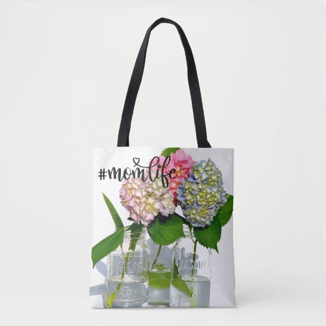Dusty pink blue yellow green floral hydrangeas tote bag (Front)