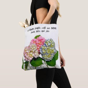 Dusty pink blue yellow green floral hydrangeas tote bag