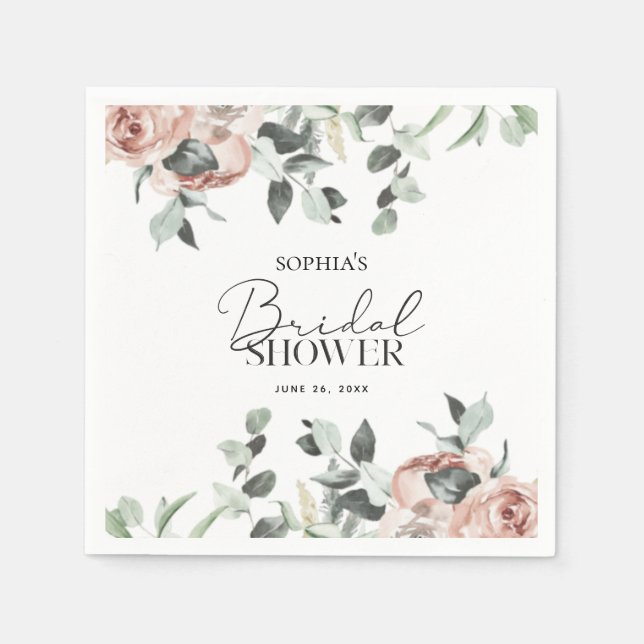 Dusty Pink Blush Floral Eucalyptus Bridal Shower Napkin (Front)